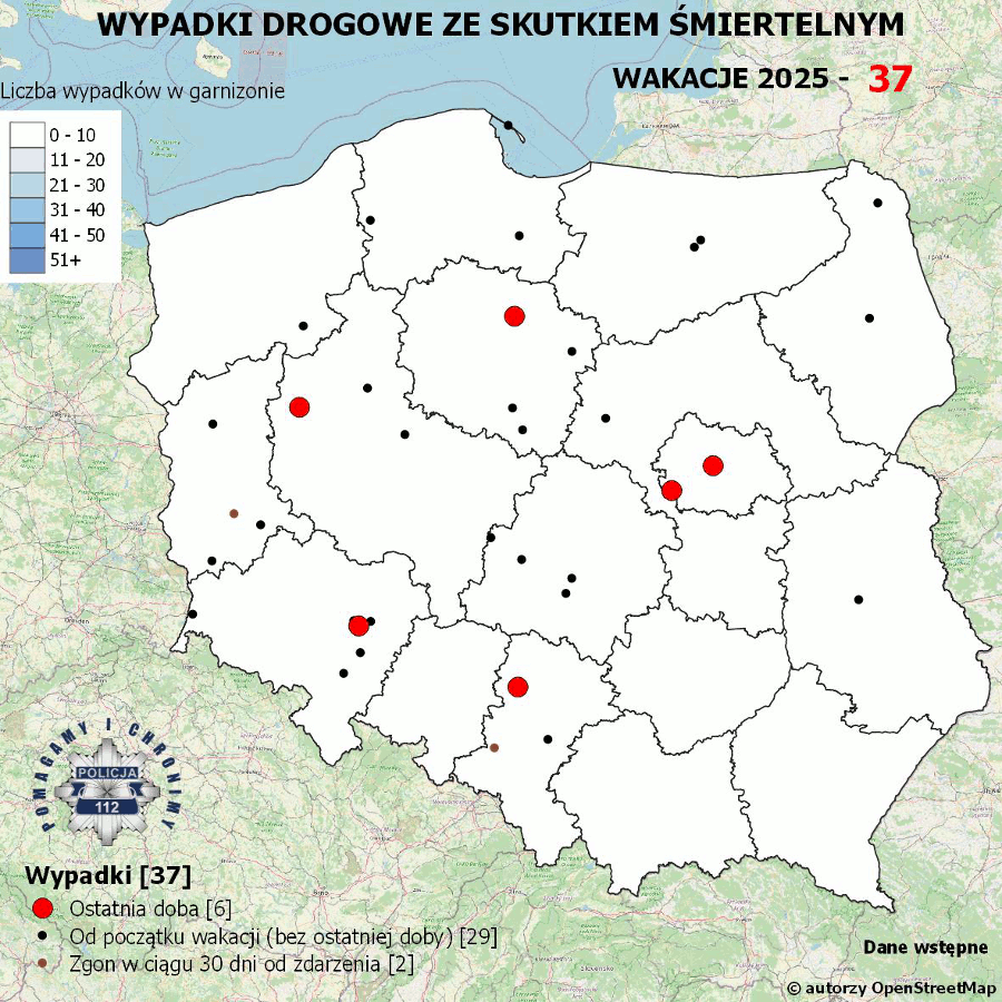 Mapa prezentująca liczbę wypadków poprzedniej doby w Polsce. Prezentowane dane są dostępne w tekście poniżej.