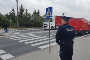 Policjant obserwujący teren przejścia dla pieszych