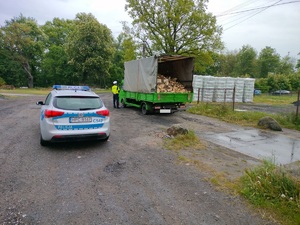 policjant stoi koło kontrolowanego samochodu