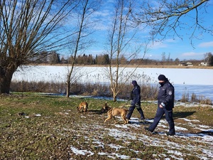 policjanci patrolują brzeg jeziora