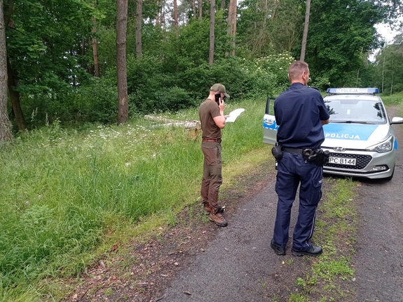 policjant i leśniczy stoją w lesie przy radiowozie